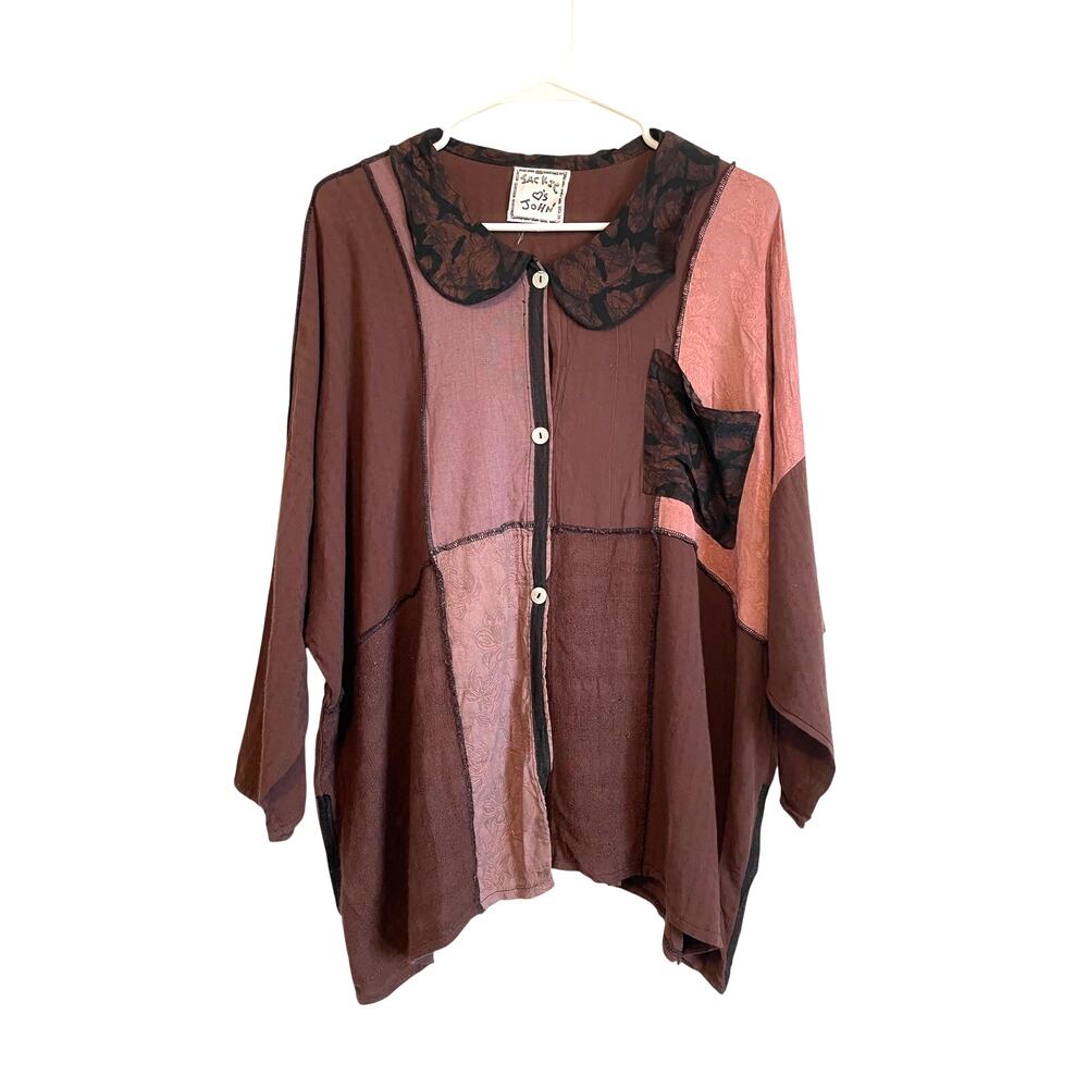 Jackie Loves John Vintage Patchwork Top Collared Brown Pink Y2k Oversized Large